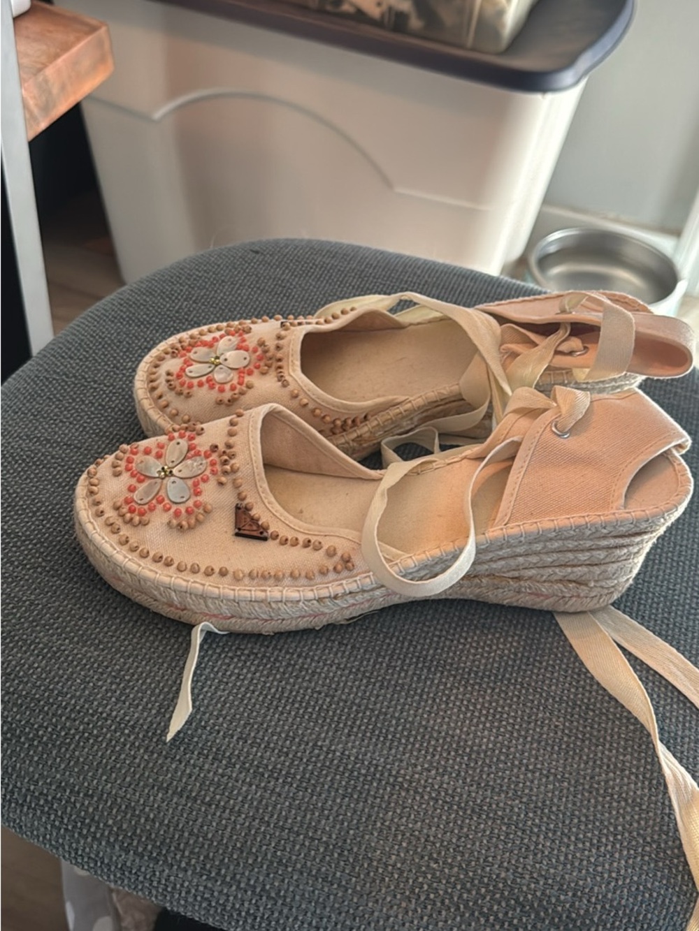 Roxy Cream Espadrille Tie-Up Flats with Coral Floral Beading